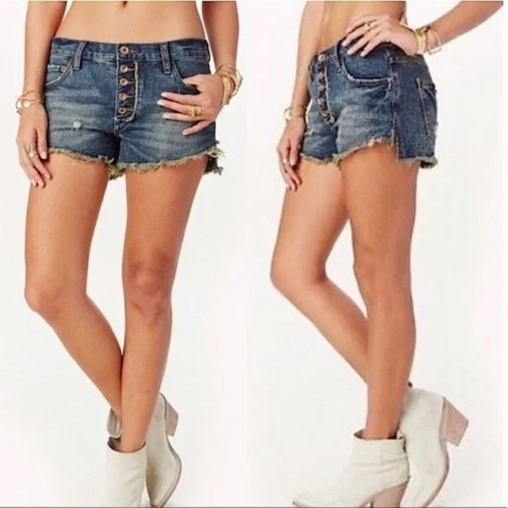 Free People Distressed Dark Blue Denim Cutoff Jean Shorts